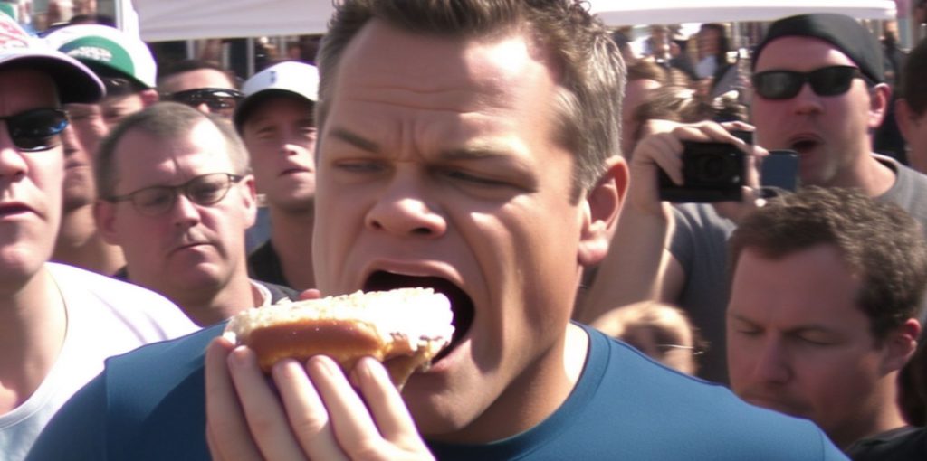 Matt Damon downing a hot dog at the Saskatoon Hot Dog-Eating Championship 2023. Parody Celeb News.